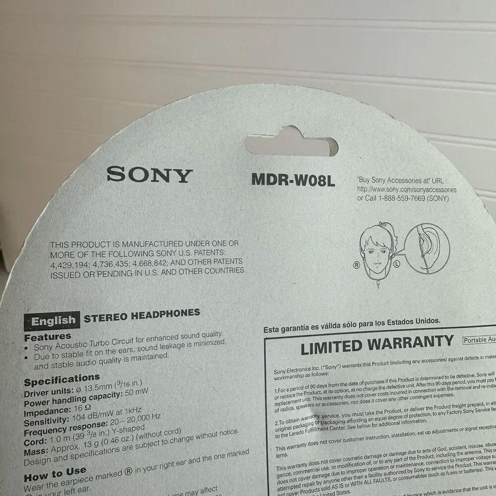 SONY MDR-W08L Ultra Lightweight In-ear Stereo Headphones Sealed NOS 2002 NEW